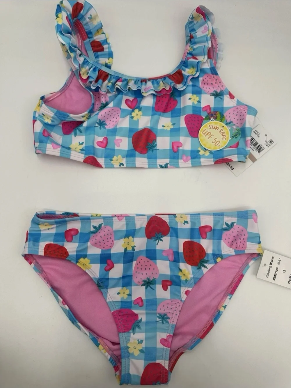 Girls' Strawberry Gingham Ruffle Bikini - Pink & Blue